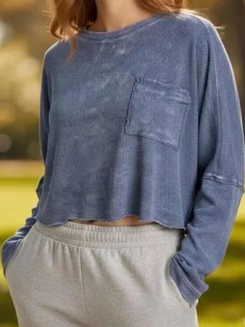 Altar'd State Blue Cropped Thermal Waffle Knit Long Sleeve Top Size L Pocket